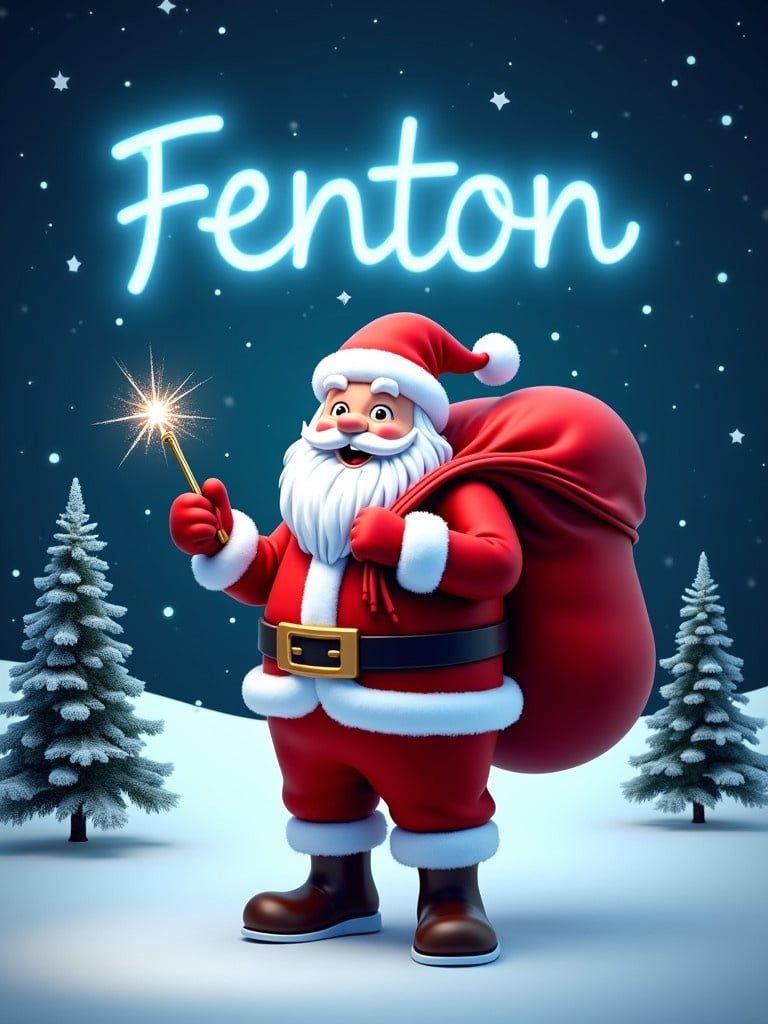 Santa Claus with red sack in snowy landscape. He holds a sparkly wand. Traditional red and white outfit with belt and boots. Night sky with twinkling stars. Pine trees in snow. Name Fenton in neon blue writing.