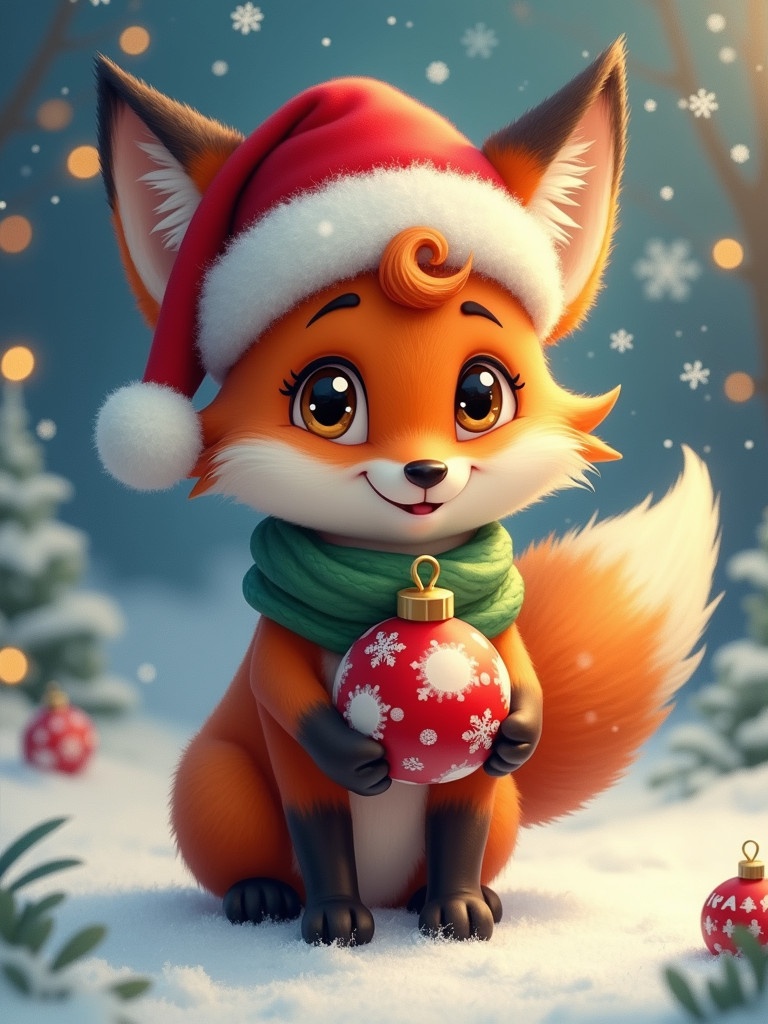 A cartoon fox character themed for Christmas. The fox wears a Santa hat and a green scarf. The fox holds a red and white Christmas bauble. The background features falling snowflakes and festive lights.