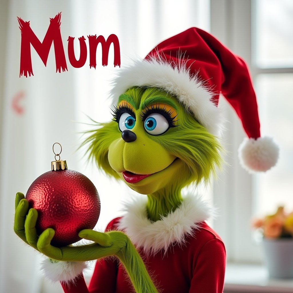 Female Grinch holds red ornament. Text reads Mum. White themed background. Bright and colorful atmosphere.