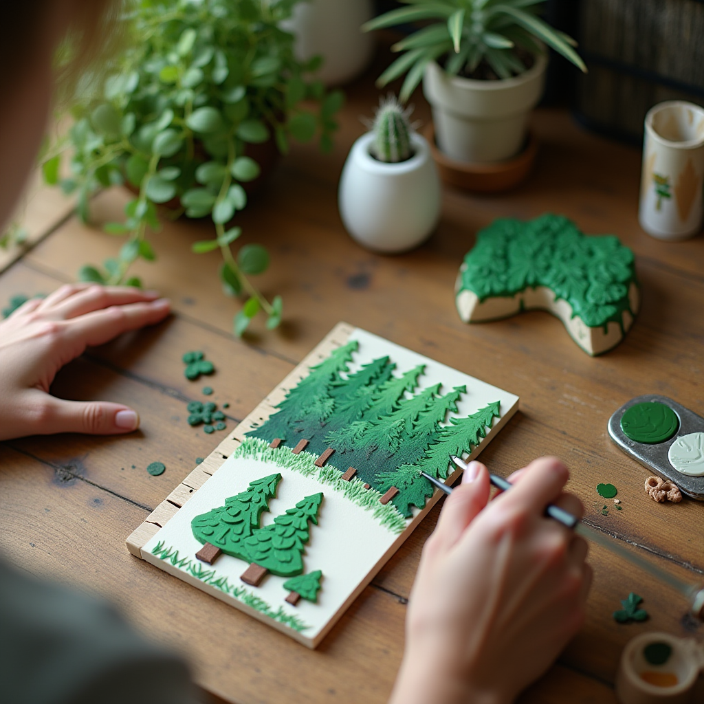 A person is creating a forest-themed artwork using clay and a tool on a wooden table surrounded by houseplants.