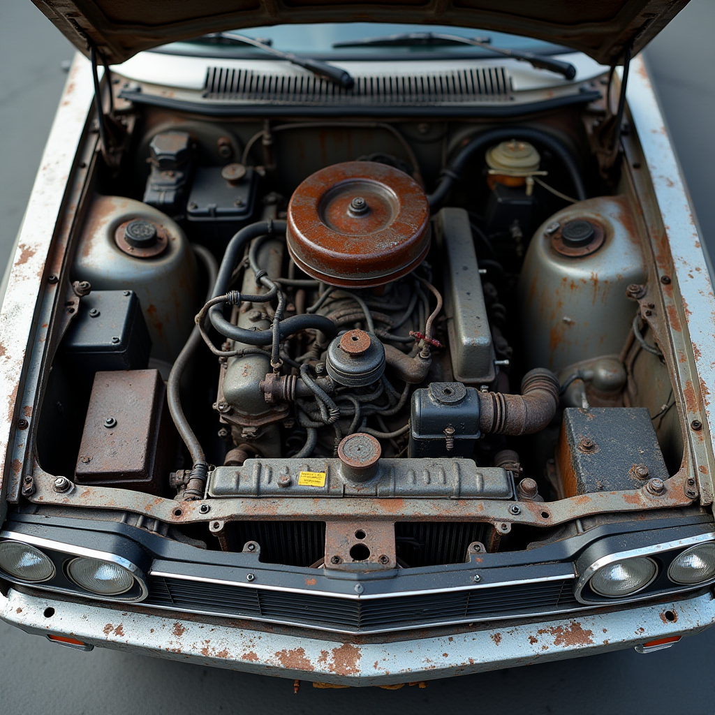 This image depicts the engine compartment of an old, weathered car with its hood propped open. The engine and surrounding parts are visibly rusted, indicating age and exposure to the elements. The car's exterior, also showing signs of rust, frames the engine bay. The headlamps and front grille can be seen at the bottom of the image, highlighting the car's old-fashioned design. The scene evokes a sense of nostalgia, with the vehicle's dilapidated condition telling a story of its long and rugged history.