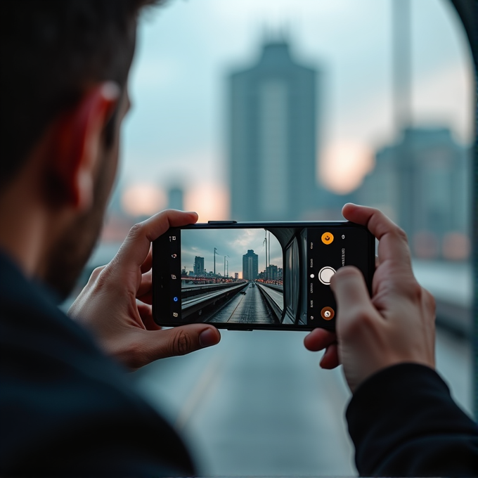 A person takes a photo of a city skyline with a smartphone.