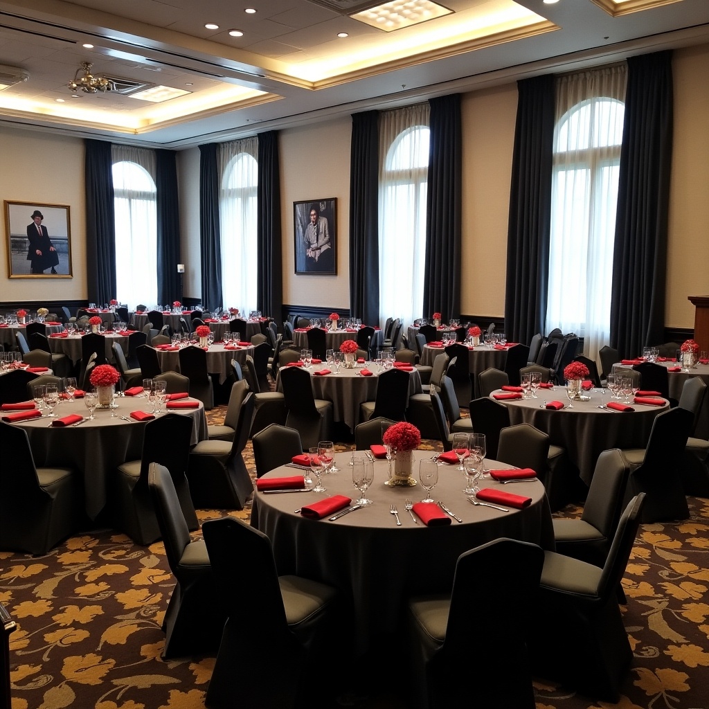 This image shows a beautifully arranged banquet room, featuring 90 round tables, each draped in charcoal grey linens. The tables are adorned with red napkins, creating a striking contrast. Large floor-to-ceiling black and white photographs depict African American graduates, adding a cultural touch to the decor. The room is illuminated by natural light filtering through large windows, enhancing the elegant atmosphere. The overall setup is ideal for formal events, weddings, or corporate gatherings.