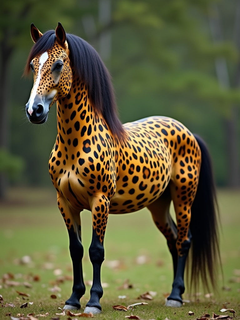 A fantastical creature combines elegance of a horse with wild beauty of a leopard. The creature has a sturdy horse body and a spotted coat like a leopard in vibrant yellow and black. Its lush flowing mane contrasts the unique body. The background is blurred green. The creature stands proudly showcasing grace and fierceness. It is suitable for stories about mythical beasts or adventures.