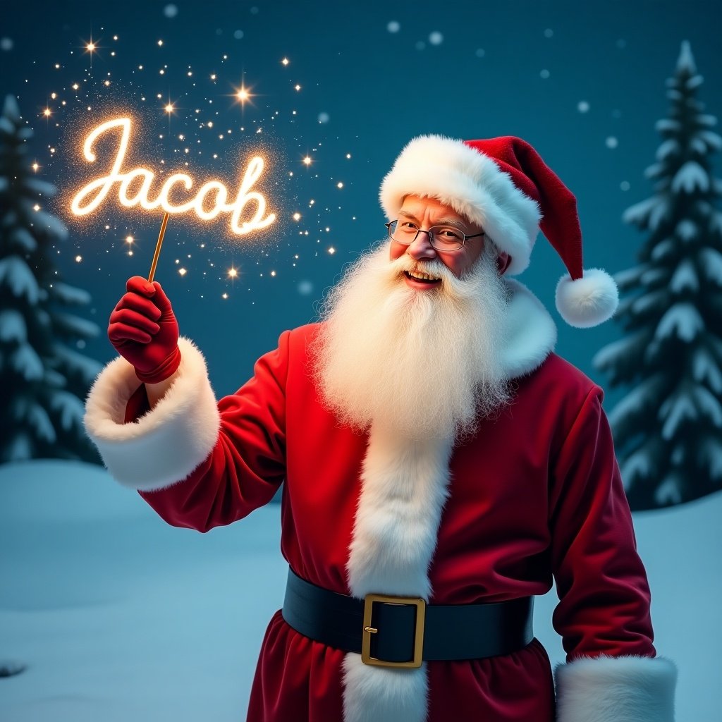 A depiction of Santa Claus in a snowy landscape. Santa holds a magical wand with sparkles forming the name Jacob. He wears a traditional red suit with white fur trim and a matching hat. His eyes sparkle with joy. The background shows a snowy scene with evergreen trees and a starry night sky. This image conveys a festive and magical atmosphere appropriate for Christmas celebrations.