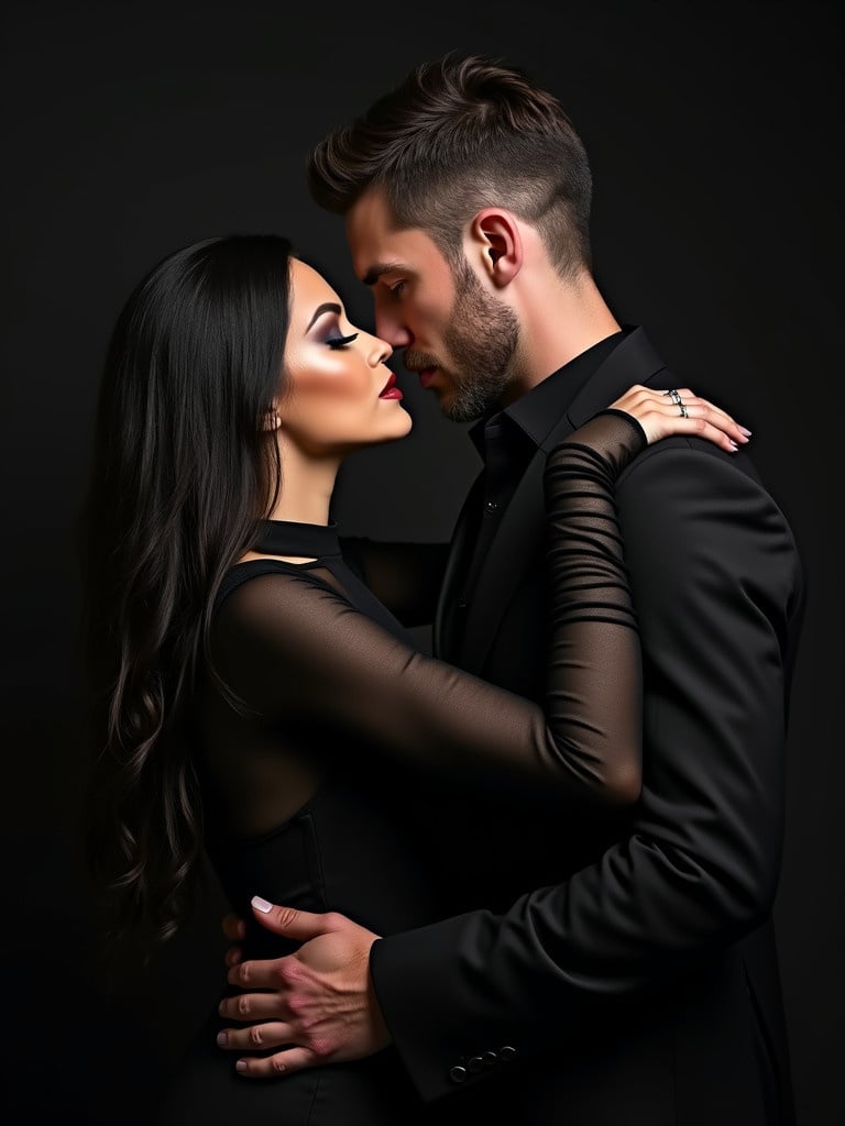 A couple is embracing closely in a moment of intimacy. The woman has long dark hair. The man has a rugged appearance. Both are dressed elegantly in black. The image exudes sophistication and allure.