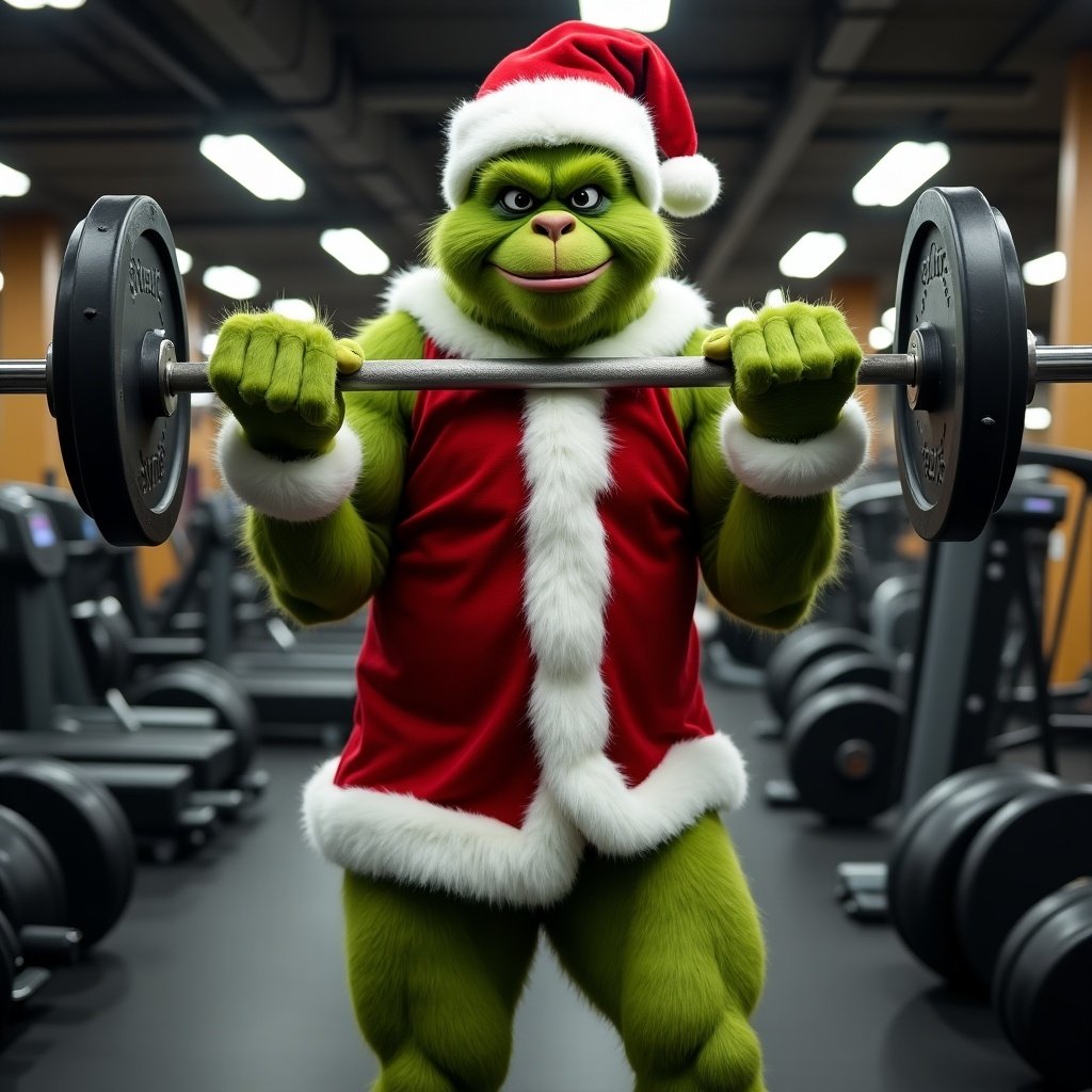 The Grinch in a Santa outfit lifts weights in a gym. He is working out with enthusiasm. The setting includes gym equipment and a festive theme.