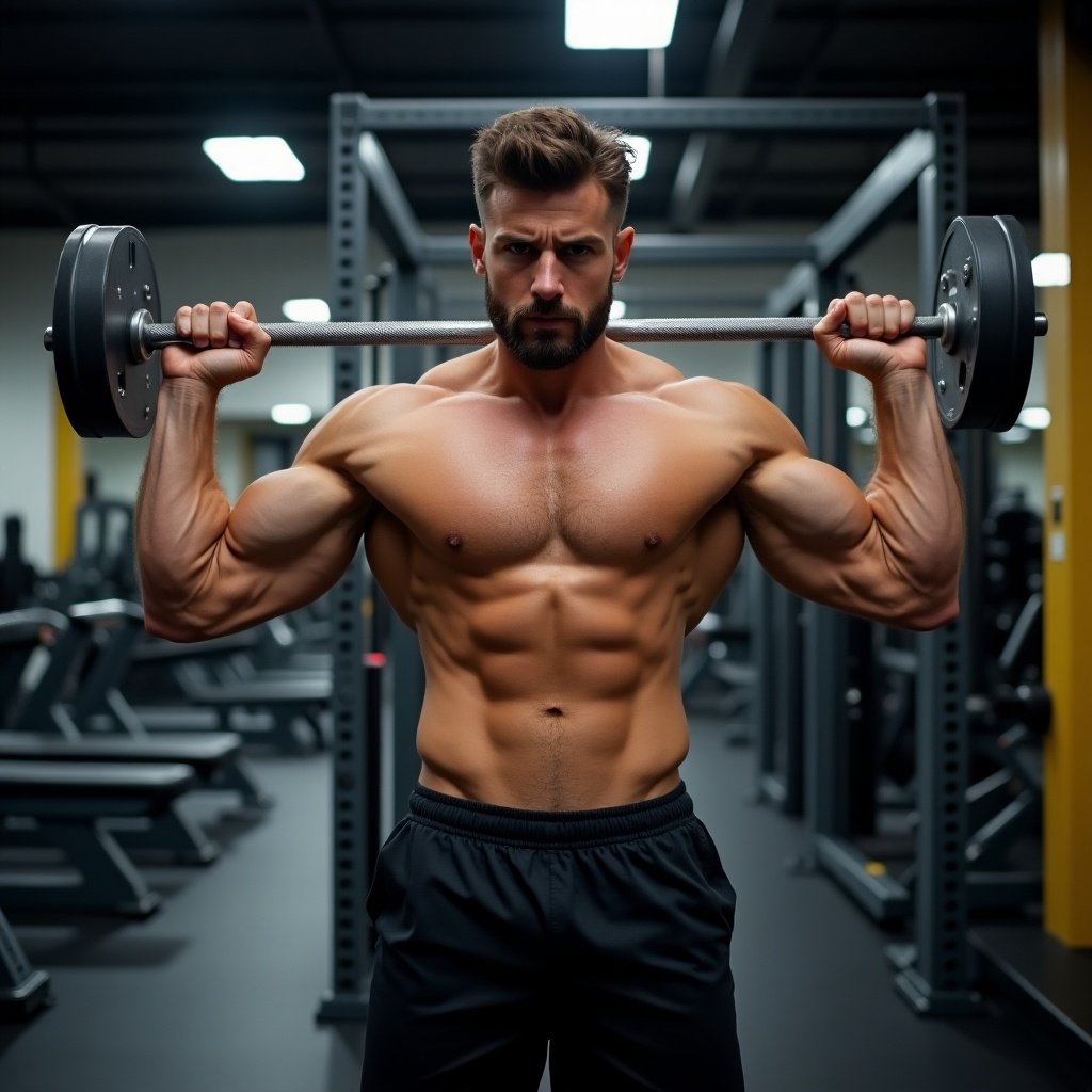 A fit man is performing a shoulder pull with a barbell. He is in a well-equipped gym setting, showcasing his muscular physique. The focus is on his defined arms and upper body. The gym has a modern look with various equipment in the background. Bright lighting emphasizes the contours of his muscles, demonstrating strength and dedication to fitness.