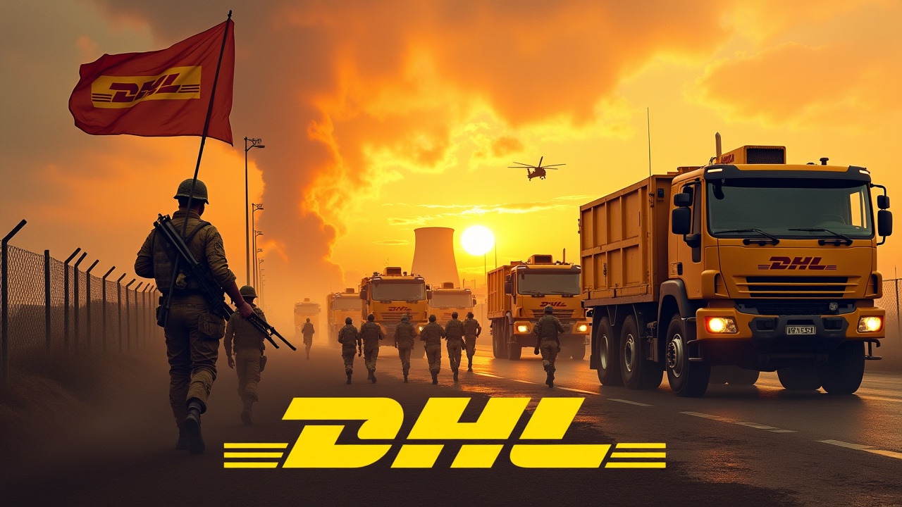 In a dramatic and intense scene, several yellow armored trucks prominently displaying the DHL logo drive up to a fence. Nearby, soldiers with rifles march together in unison, showcasing discipline and strength. One soldier stands out, valiantly holding a flag emblazoned with the DHL logo. The background features a nuclear power plant, adding a sense of urgency and scale. A large Chinook cargo helicopter flies above against a fiery sunset sky. At the bottom of the image, the DHL logo is boldly presented in yellow, reinforcing brand recognition.