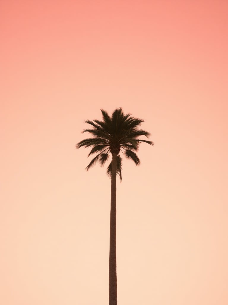 A minimalistic photograph of a single tall palm tree silhouetted against a soft peach and pink gradient sky, evoking a calm and serene tropical sunset.