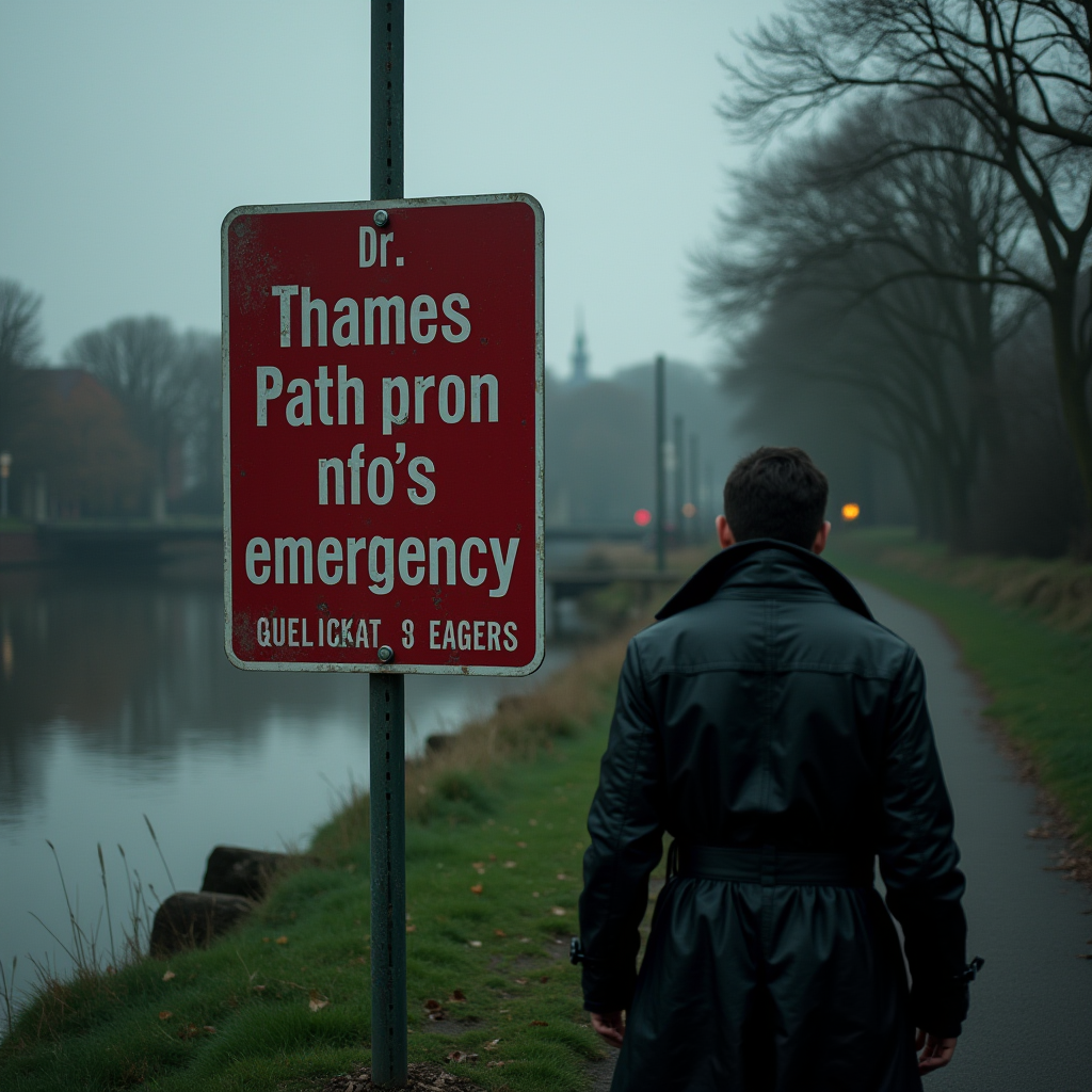 A solitary figure in a coat stands next to a cryptic sign on a foggy riverside path.