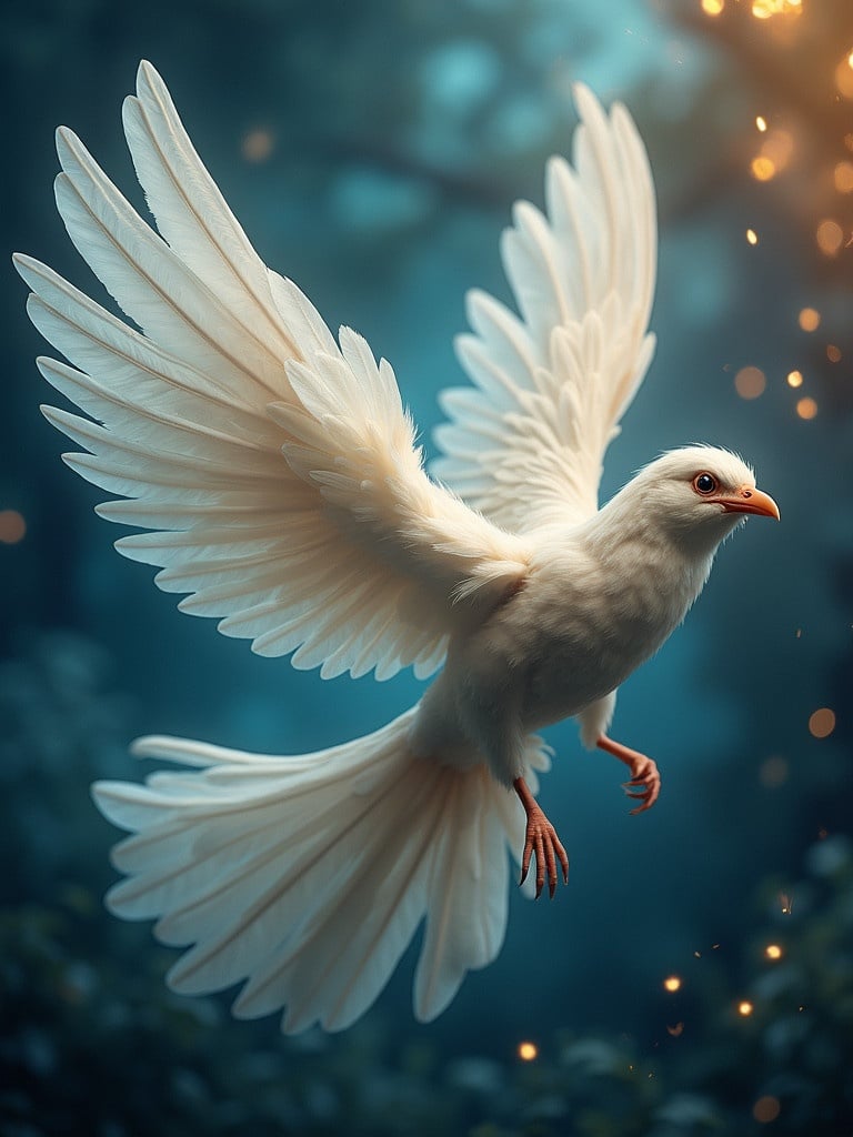 Fantasy bird with ethereal feathers gracefully soars against a magical glowing backdrop.