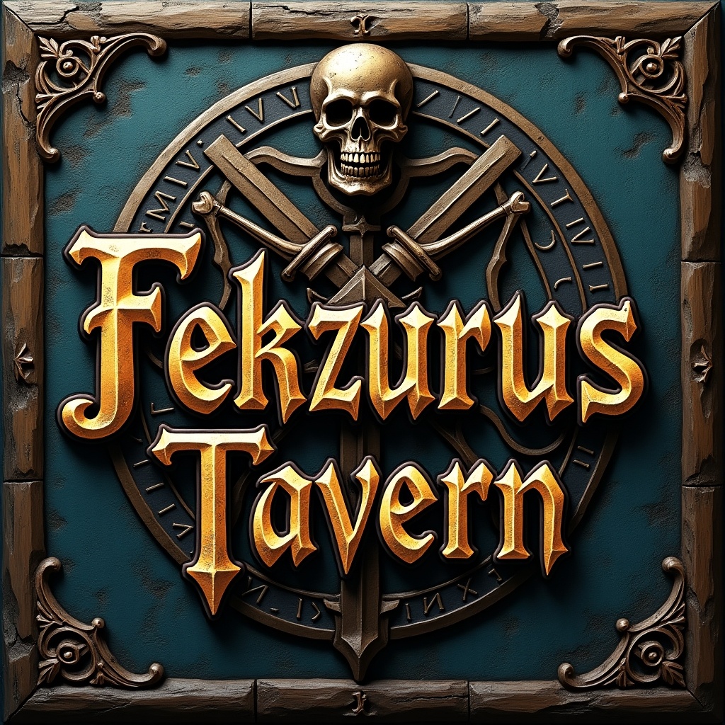 Design a Gothic style font for a pirate themed event with the name Fekzurus Tavern. Incorporate a skull and swords. Use textures resembling stone and fantasy elements.