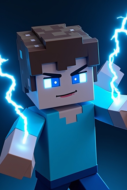 Minecraft character displayed in a dynamic pose. Intelligent and determined expression. Blue shirt contrasting with dark background. Electric blue light gleams from eyes. Surrounding bolts of electricity create action and power. Character maintains signature blocky look of Minecraft. Vibrant and energetic depiction.