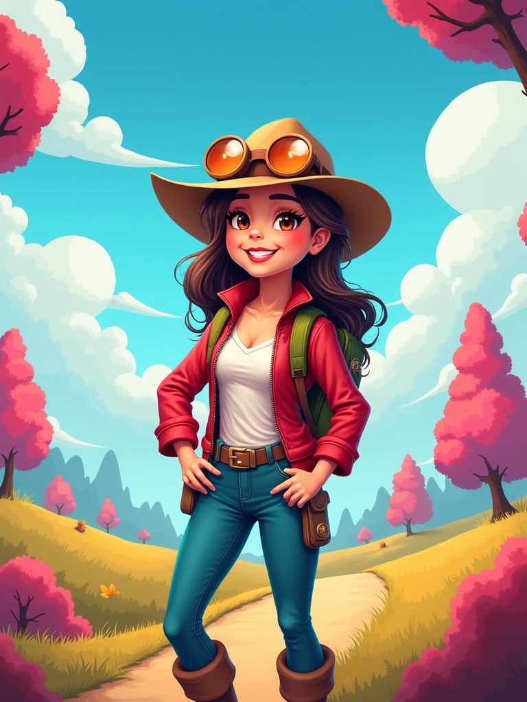 Stylized colorful digital illustration of a confident young woman dressed as an adventurer in a fantasy landscape. Background features rolling hills, vibrant pink trees, and a bright blue sky with fluffy clouds.