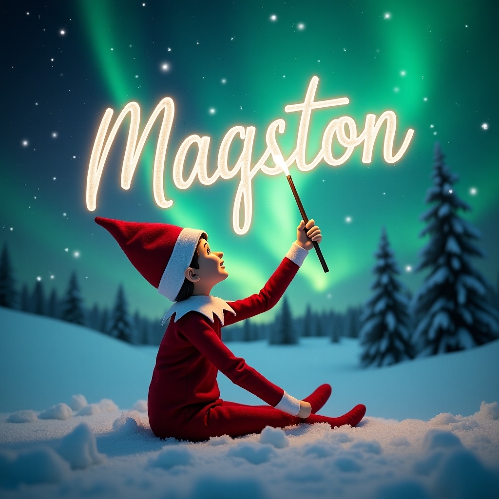 Image of an elf on a snowy landscape gazing up. Elf uses a magic wand to write 'Maqston' in the sky. Background shows northern lights. Elf wears a red outfit against the snow. This scene embodies holiday enchantment.