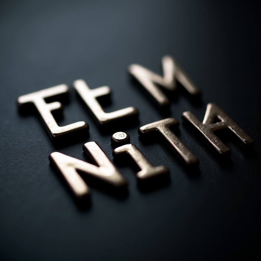 An artistic arrangement of shiny metallic letters on a dark background. The letters are styled randomly. Soft lighting enhances the reflective quality. Composition emphasizes texture and modern design.