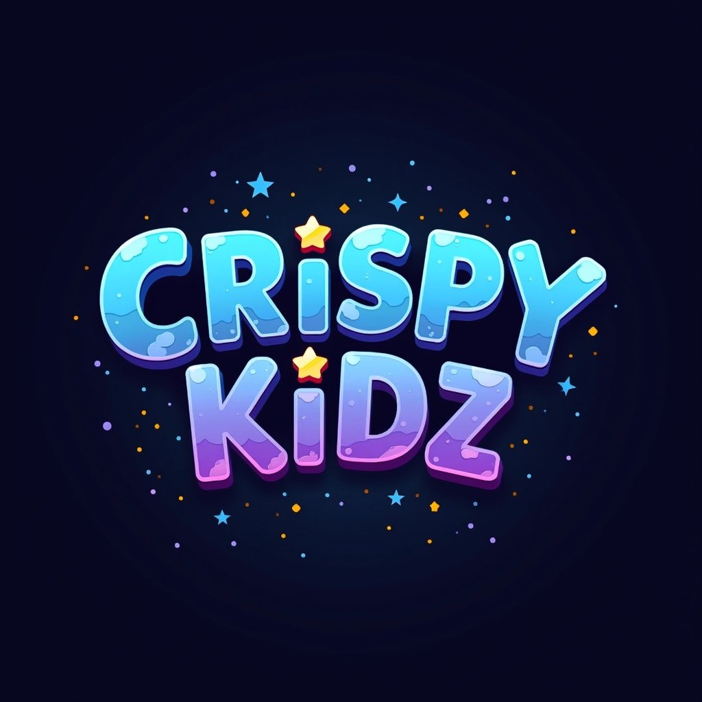 Logo for animated children's video series titled 'Crispy Kidz'. Square layout. Blues and purples. Dark theme with a textured background. Fun and modern style.