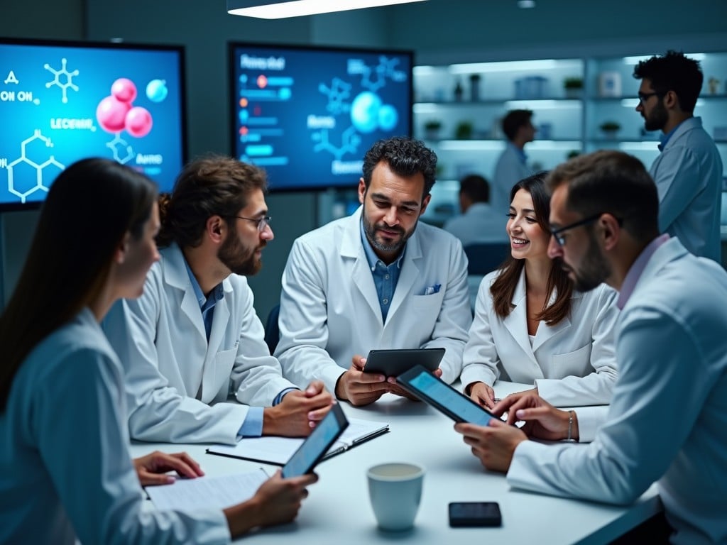 A group of scientists in a modern laboratory, engaged in a discussion holding digital tablets, wearing lab coats, surrounded by scientific screens and equipment, well-lit environment, collaborative atmosphere.