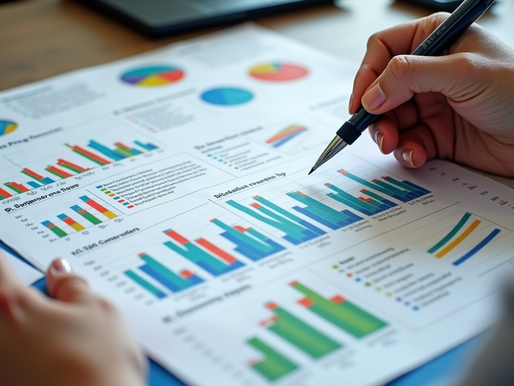 A person is analyzing and annotating financial charts and graphs at a desk. The image shows various graphs that provide information about Dengue Fever, highlighting its symptoms and prevention tips. The layout is colorful and engaging, featuring icons that represent different aspects of the disease. Clear and concise text makes it easy for viewers to understand the necessary precautions. The intent of this analysis is to educate and protect families from mosquito-borne diseases, using a highly visual approach to convey important health information effectively.