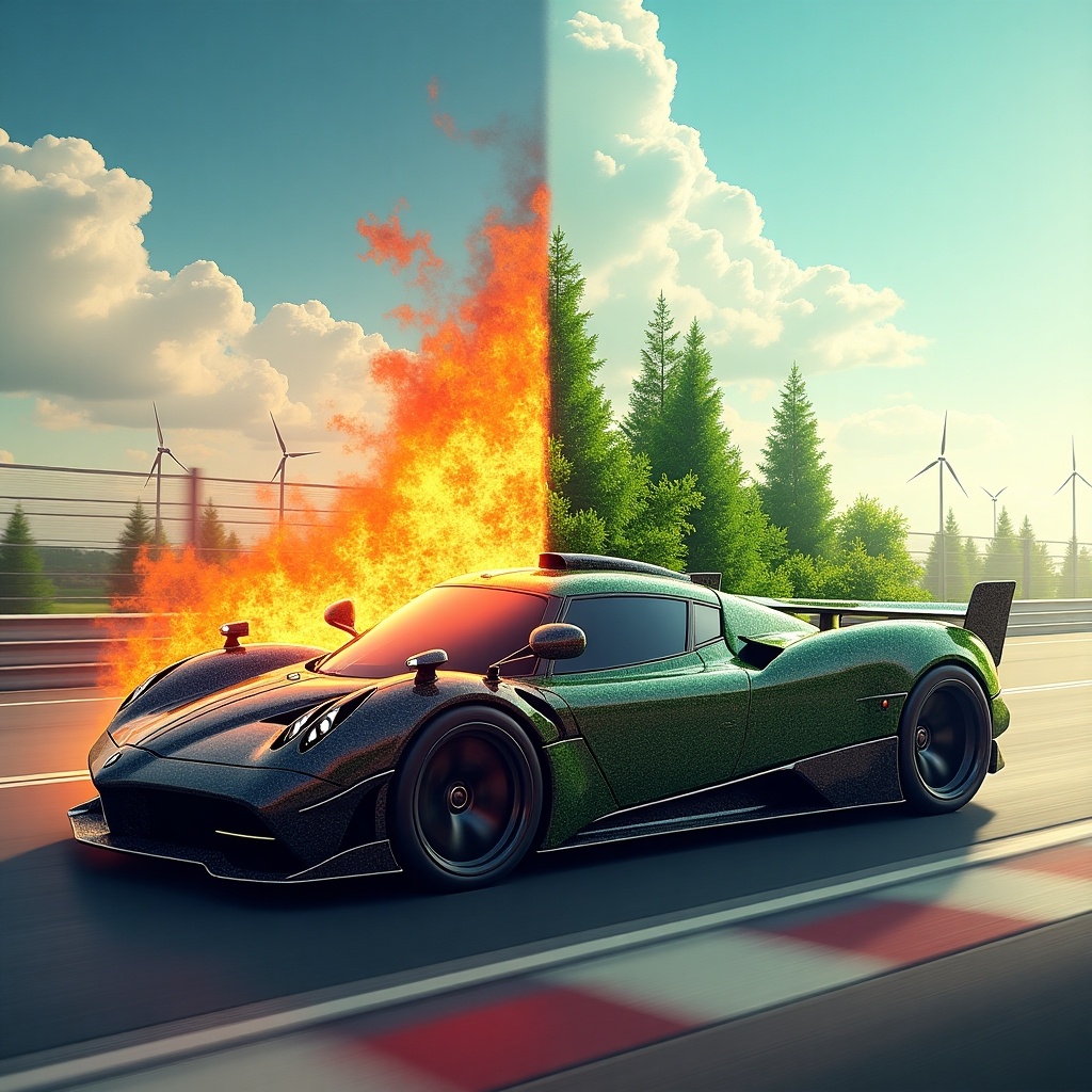 Artistic depiction of a Pagani car with dual visual themes. One side shows traditional power with flames and racetrack. Other side depicts sustainability with green energy and clean skies.