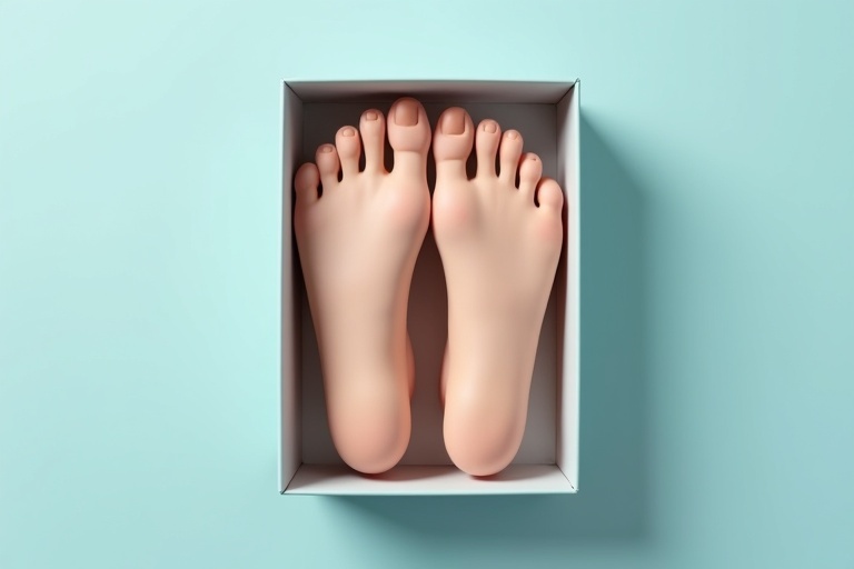 A pair of realistic female feet inside a neatly placed box. The feet appear well-groomed. The background features a soft pastel blue color.