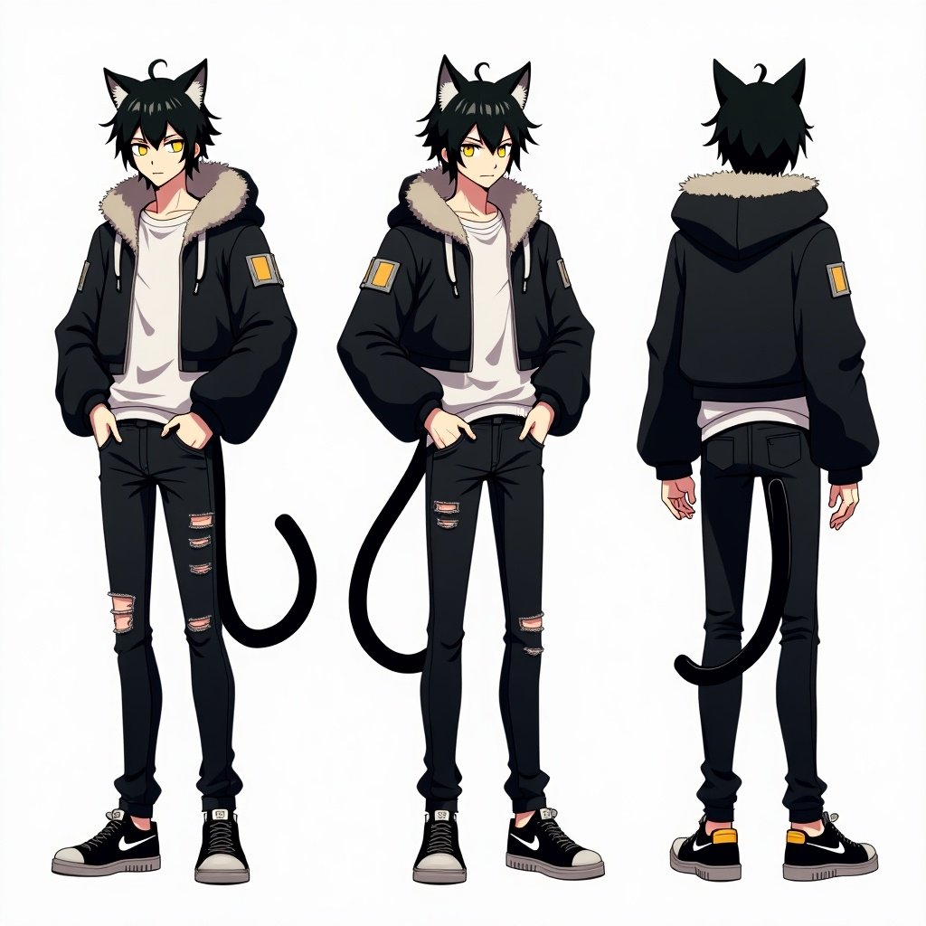 Character sheet in anime style shows dramatic male character. Short black hair and glowy gold eyes. Outfit consists of undershirt, cropped black jacket with fur lining, black jeans with holes, black nikes. Display character from front, side, back views. Character has black cat ears and tail.