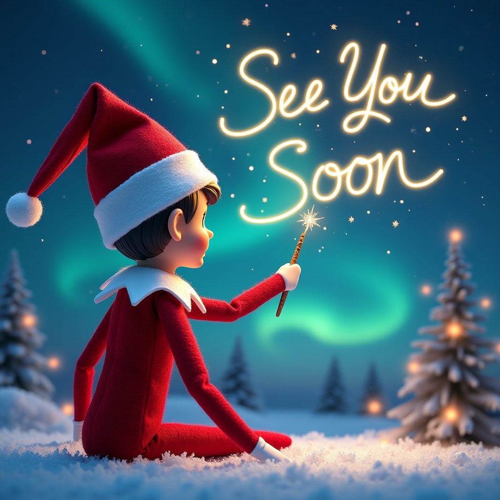 Elf on the shelf with back to the viewer faces sky with wand elegantly writing in the stars. Magical Christmas backdrop with northern lights and festive trees. Text floating in the air reads See You Soon Bella Paisley and Gabby.