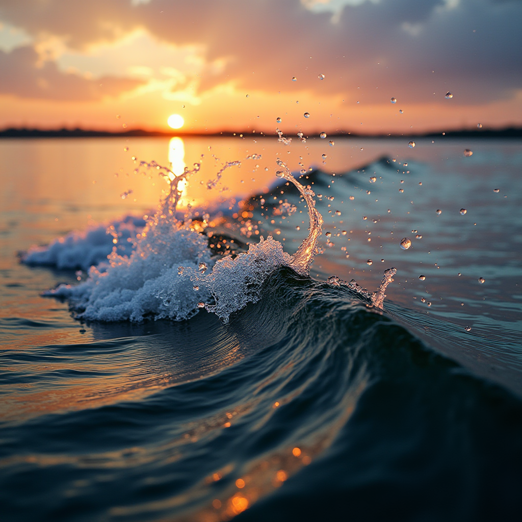 Waves gently crash as the sun sets on a tranquil sea, casting a warm glow.