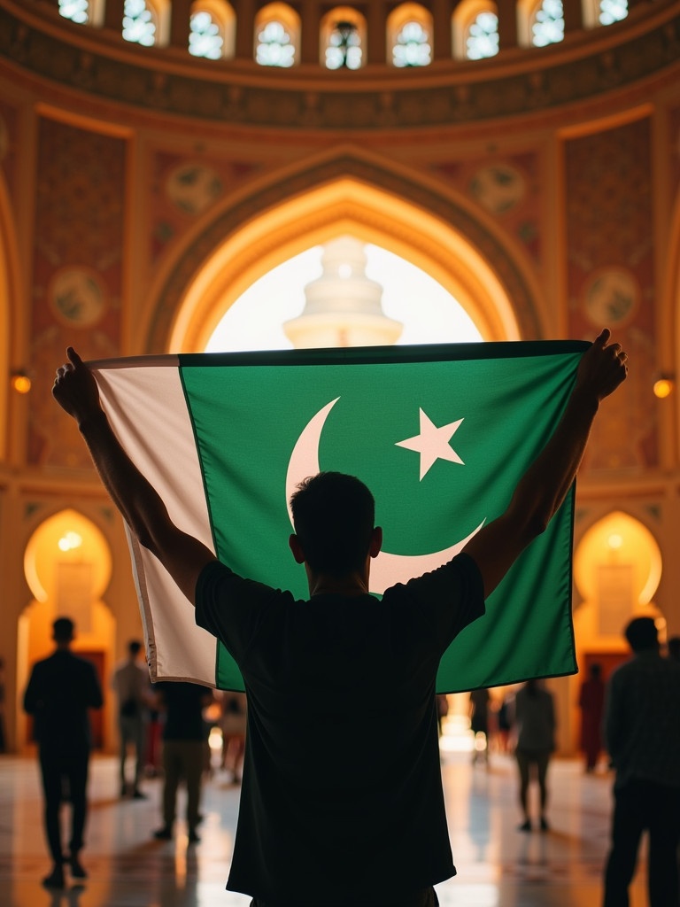 A man holds the green and white flag of Pakistan in a decorated mosque. The warm tones of the mosque contrast with the vibrant colors of the flag. Shadowy figures represent a sense of community. The scene symbolizes hope and pride.