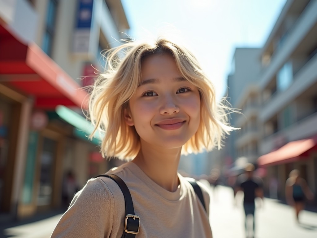 The image captures a fresh-looking Korean woman with slightly shorter, messy blonde hair. She is smiling warmly, exuding a sense of happiness and confidence. The background is an urban street, suggesting a lively environment. Soft lighting enhances her features, creating a bright and inviting atmosphere. This scene embodies youthful energy and a carefree spirit.