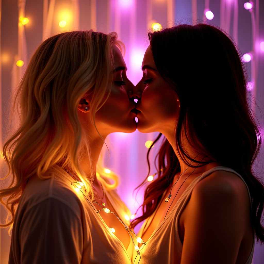 Two people share an intimate moment surrounded by warm, colorful fairy lights.