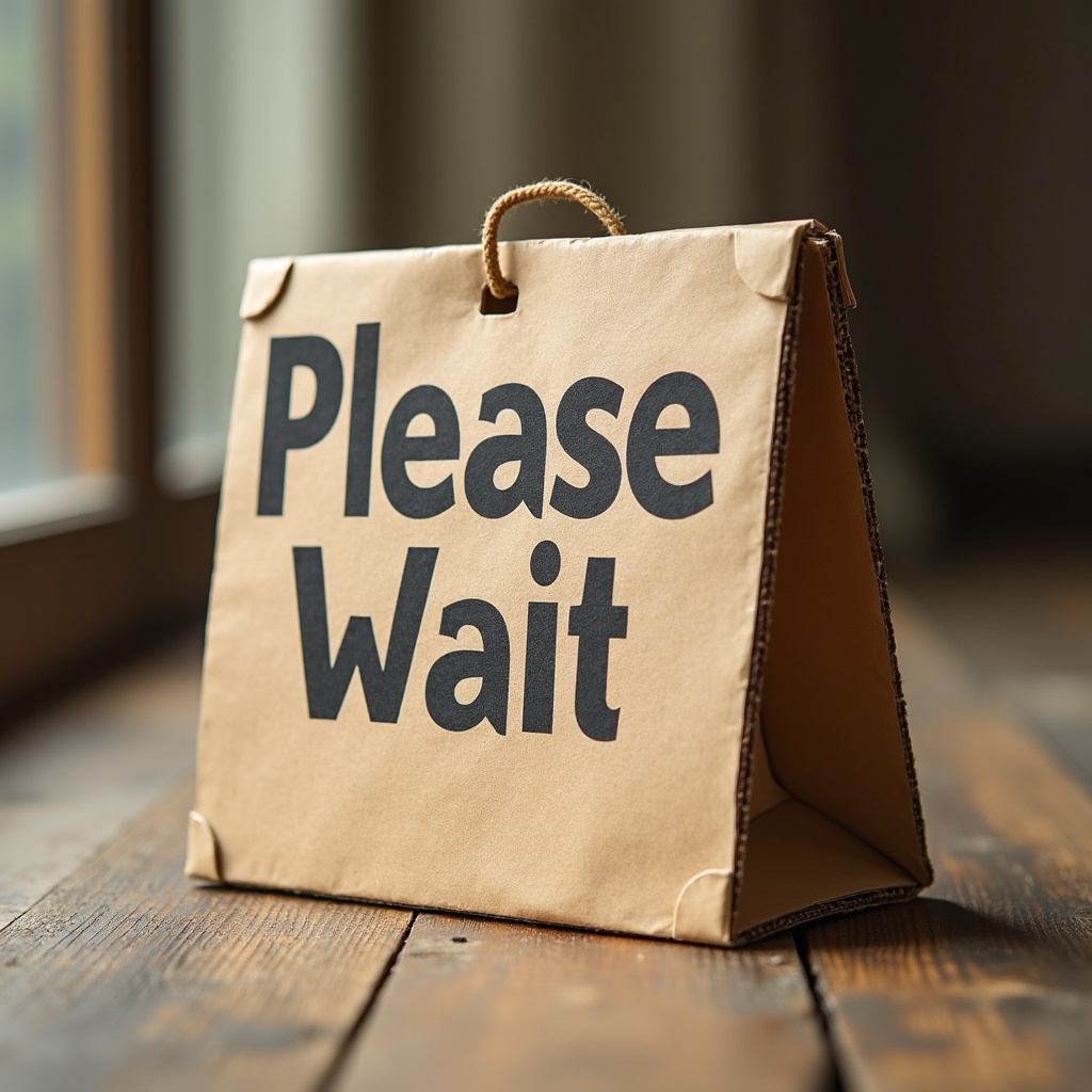 A cardboard sign with the bold text 'Please Wait' stands on a rustic wooden surface, conveying a message of patience. The warm lighting from the side creates a comforting ambiance, emphasizing the texture of the cardboard and the natural grain of the wood.