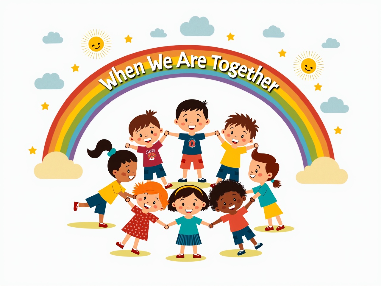 The image features a colorful and playful illustration of several children smiling and holding hands in a circle. The children have diverse hairstyles and outfits, showcasing a variety of playful designs. Above them, a vibrant rainbow arches, surrounded by cheerful clouds and smiling suns. The central text includes both stylized characters and English words, saying 'When We Are Together.' The entire scene is filled with a bright and joyful atmosphere, emphasizing themes of friendship and togetherness.