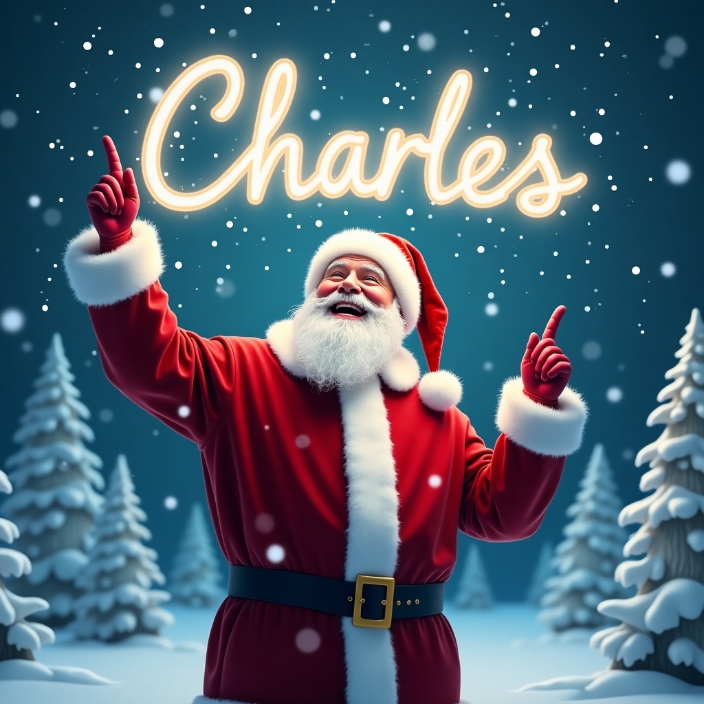 The image depicts a joyful Santa Claus standing in a winter wonderland. He is dressed in his traditional red suit with white trim and a matching hat. Santa is pointing upward as if he is magically writing a name in the sky. Snowflakes gently fall around him, adding to the festive atmosphere. In the sky, the name 'Charles' is written in bright, glowing letters. The background features snowy trees, enhancing the Christmas scene.