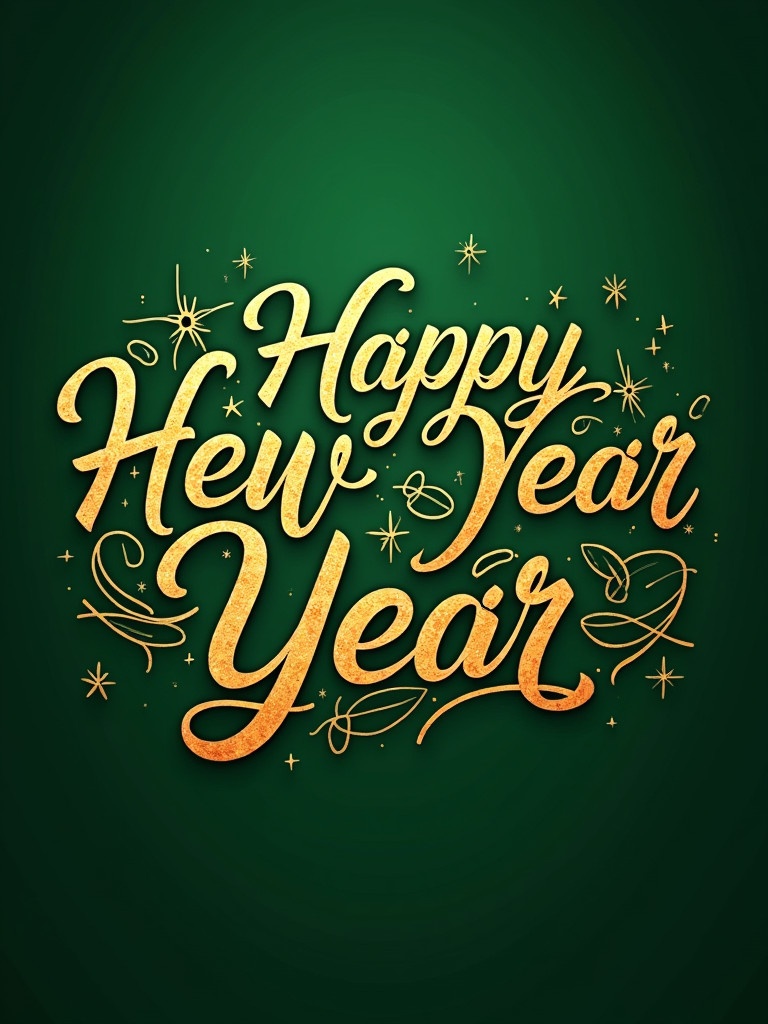 Golden letters saying Happy New Year with intricate designs on a green background.