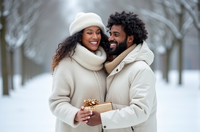 A couple, warmly dressed in winter clothes, smiles while exchanging a gift in a snowy park.