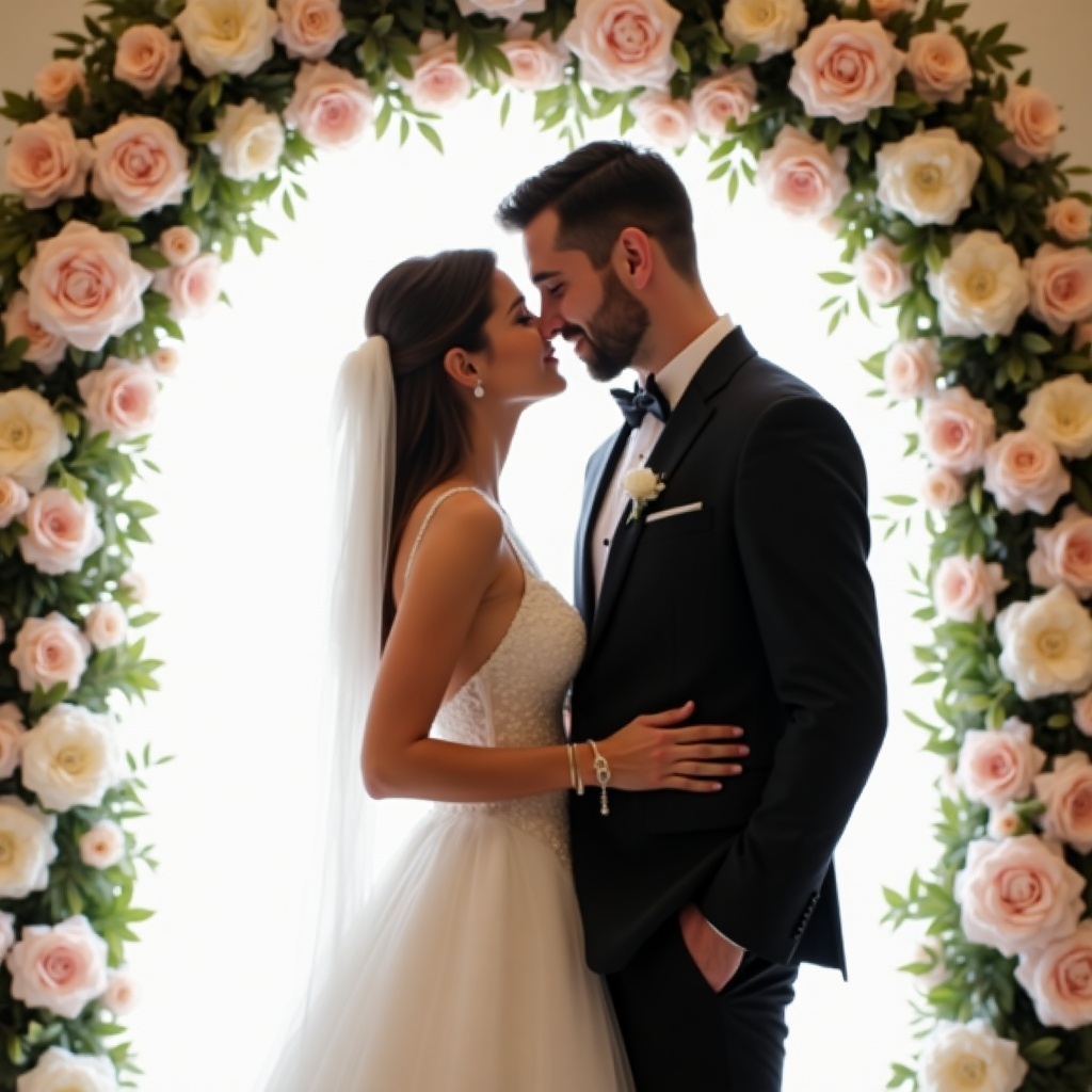 Beautiful moment of a couple on their wedding day. Bride in white gown. Groom in classic tuxedo. Standing in front of floral arch filled with pink and ivory flowers. Softly lit background creates warm ambiance.