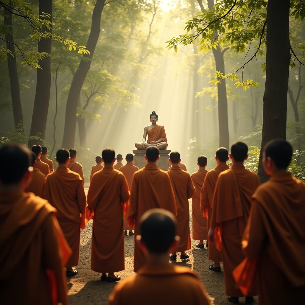 Scene in a serene forest. Buddha teaches monks surrounded by trees. Tranquil atmosphere with gentle sunlight shining through foliage.