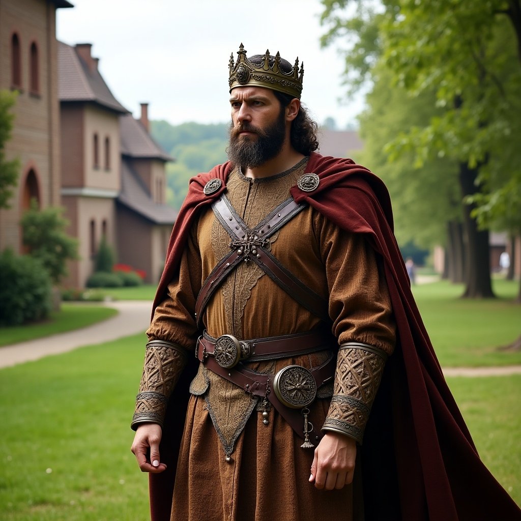 A duke from 780 wearing a brown and red cloak with royal accessories. Standing in a green landscape with medieval buildings.