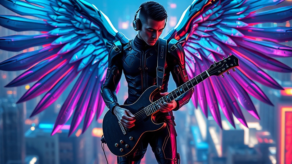 Set against a futuristic cityscape, this striking digital art piece features a person clad in an advanced bodysuit, wearing headphones and playing an electric guitar. The character is adorned with large, vibrant wings that are a mix of purple and blue, creating a mystical and otherworldly aura. The neon lights from the city background add a dynamic and vibrant atmosphere, complementing the glowing wings, suggesting a fusion of music and technology.