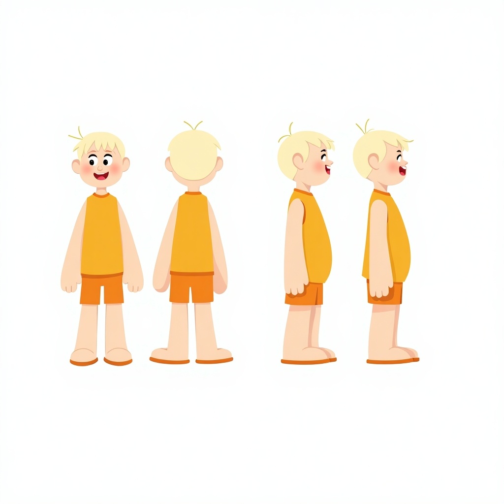 Character designed in a minimalist style. Character has a cheerful personality with a rounded face and short hair. Outfit is simple and bright. Displayed in four perspectives: front, side, back, and 3/4 view. Background is plain white suitable for animation.