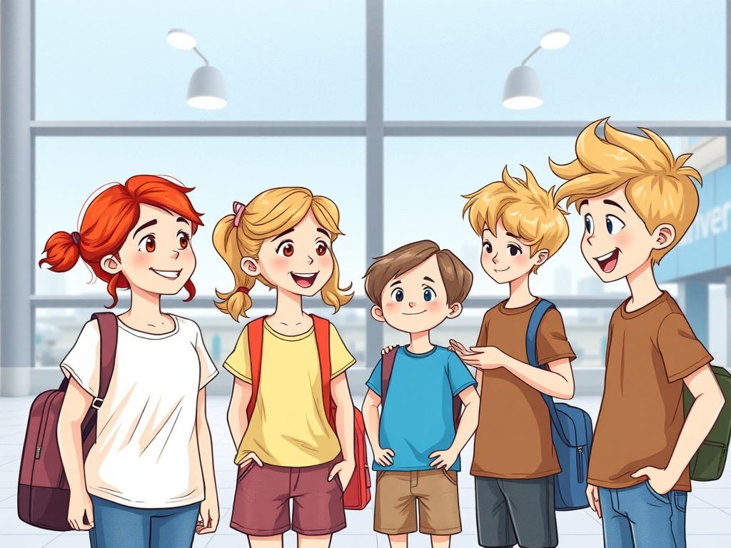 Five animated children with backpacks chatting happily in a brightly lit space.