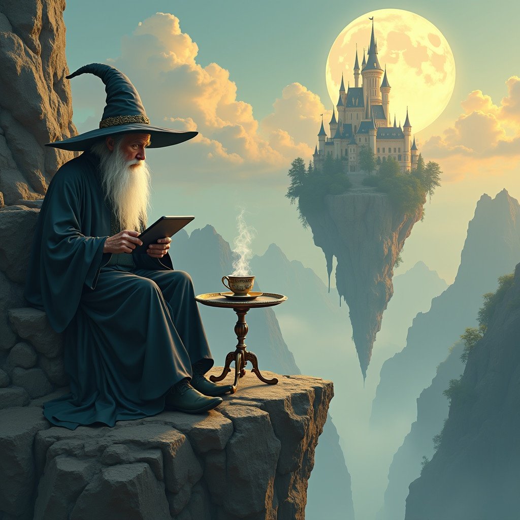 Wizard on cliff edge holding tablet. Floating castle in distance. Soft clouds and sky. Ethereal and dreamy landscape. Mountains in soft colors. Steaming teacup on small table nearby. Rich textures and colors throughout.