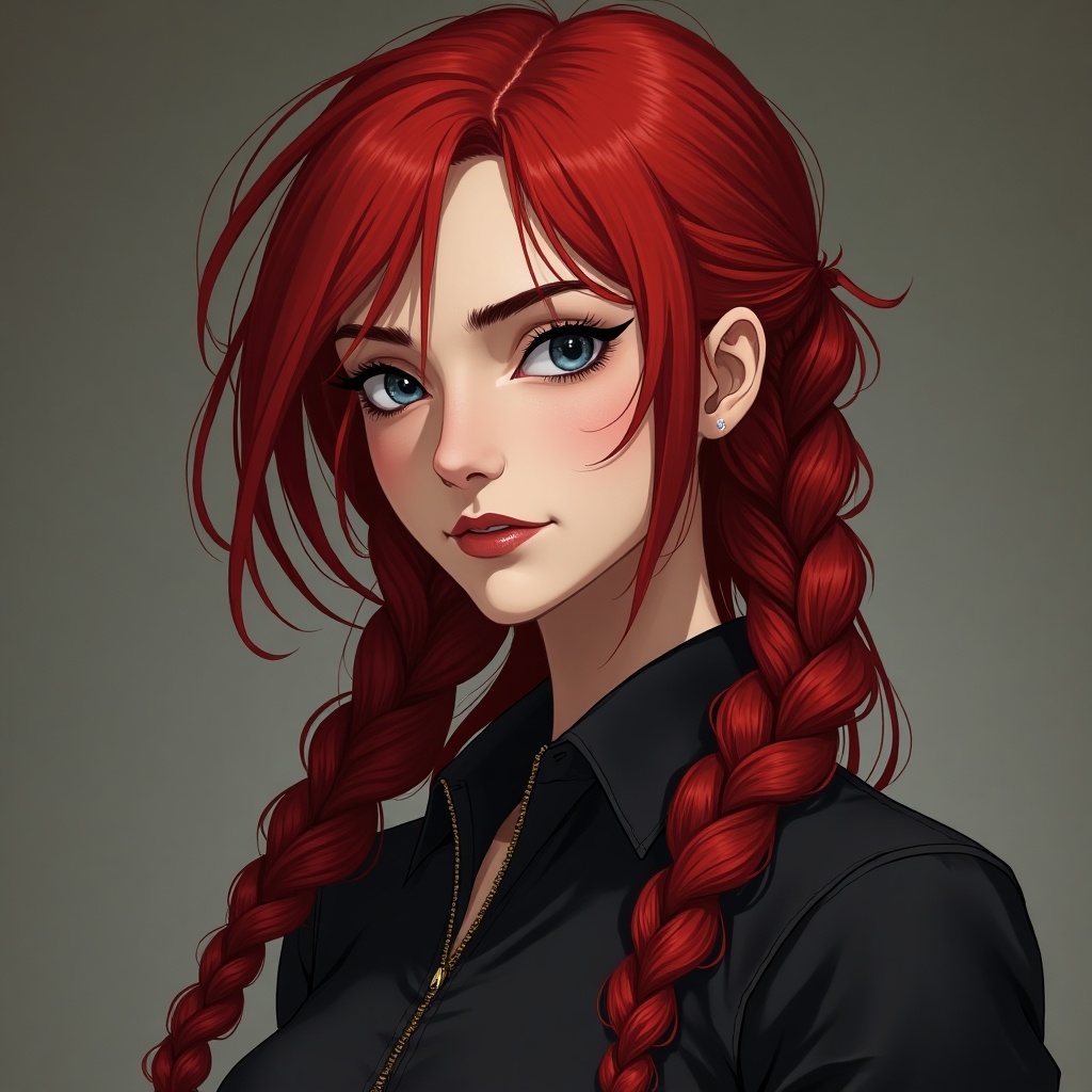 A female character with red hair styled in two long braids and a sharp side bang. She has dark blue eyes and an athletic hourglass figure. A prominent scar runs from her eyebrow to her cheek on the left side. She wears a black shirt.