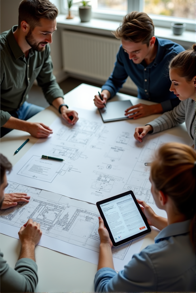 A group of four people discussing blueprints around a table, with one person using a tablet.