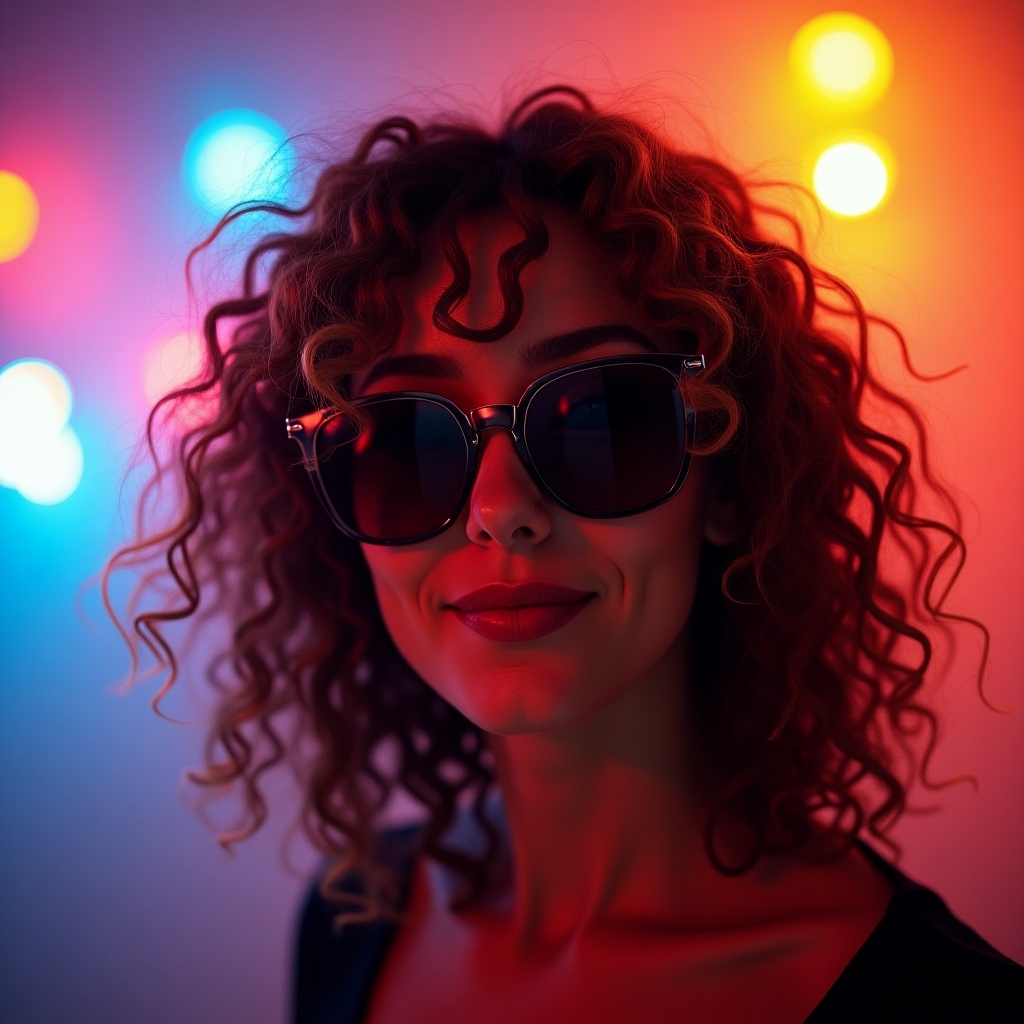 A person with curly hair is wearing stylish sunglasses, looking confidently at the camera. The background is illuminated with colorful lights, creating a vibrant atmosphere. The lighting enhances the playful and bold vibe of the photo. This image captures a modern, trendy aesthetic ideal for fashion-related content. The subject exudes confidence and charisma, perfect for engaging viewers.