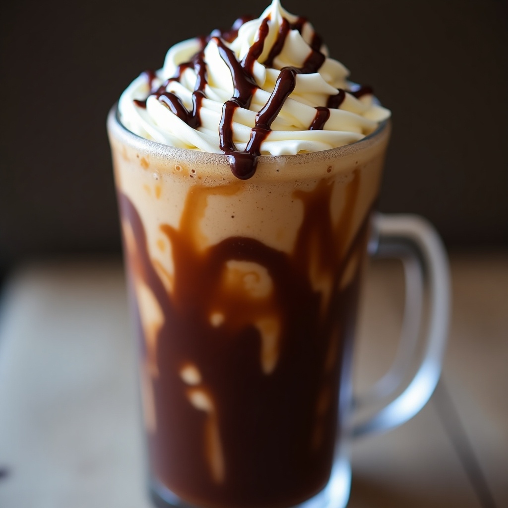 Iced chocolate coffee with fresh cream topped with chocolate syrup. Glass mug filled with a creamy beverage. Swirls of chocolate syrup on the surface. Coffee drink looks refreshing and indulgent.