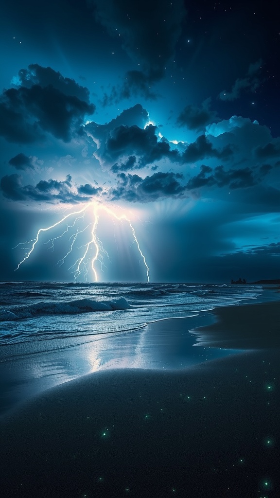 A breathtaking scene captures a powerful lightning storm over a serene beach at night. The electric blue and white tones of the lightning illuminate the stormy clouds and reflect off the darkened waters, creating an ethereal glow across the sand. Tiny lights resembling glowing stars speckle the shoreline, adding to the mystical ambiance of the scene.