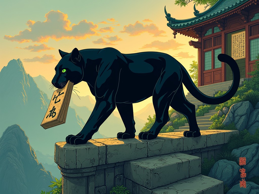 A mystical black panther strides confidently along the stone parapet of an ancient temple perched atop a mountain. In its jaws, it carries a wooden plaque etched with calligraphy, hinting at secrets or messages from a forgotten time. The scene is set against a serene backdrop of misty mountains, bathed in the golden glow of the setting sun, creating an atmosphere of mystery and tranquility.